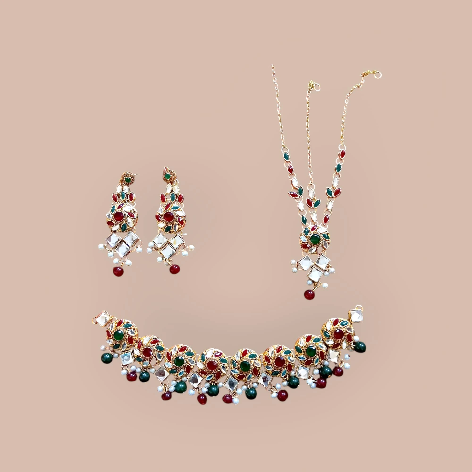 Buy multi colour jewellery set with necklace , earrings and tikka at best price in pakistan